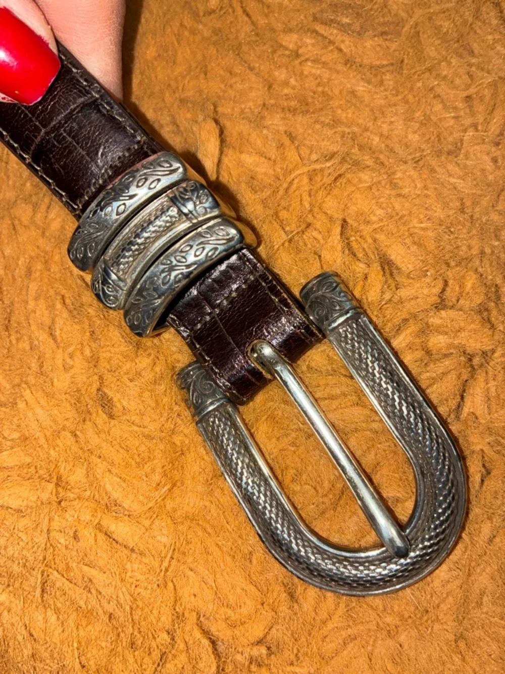 Brighton Dark Brown Croc-Embossed Leather Belt with Silver Buckle